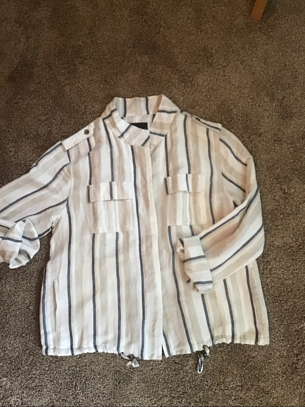 Velvet Heart Long Sleeve Linen Blend Striped Jacket Medium Blue/White Pockets